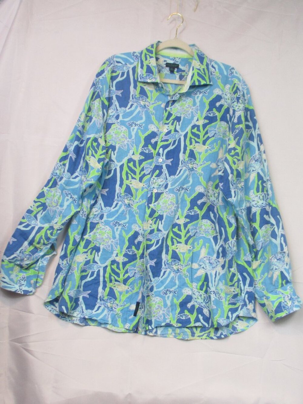 Lilly Pulitzer Men's Stuff Wyeth 100% Linen Shirt XL Sea Turtle Coral Blue Print